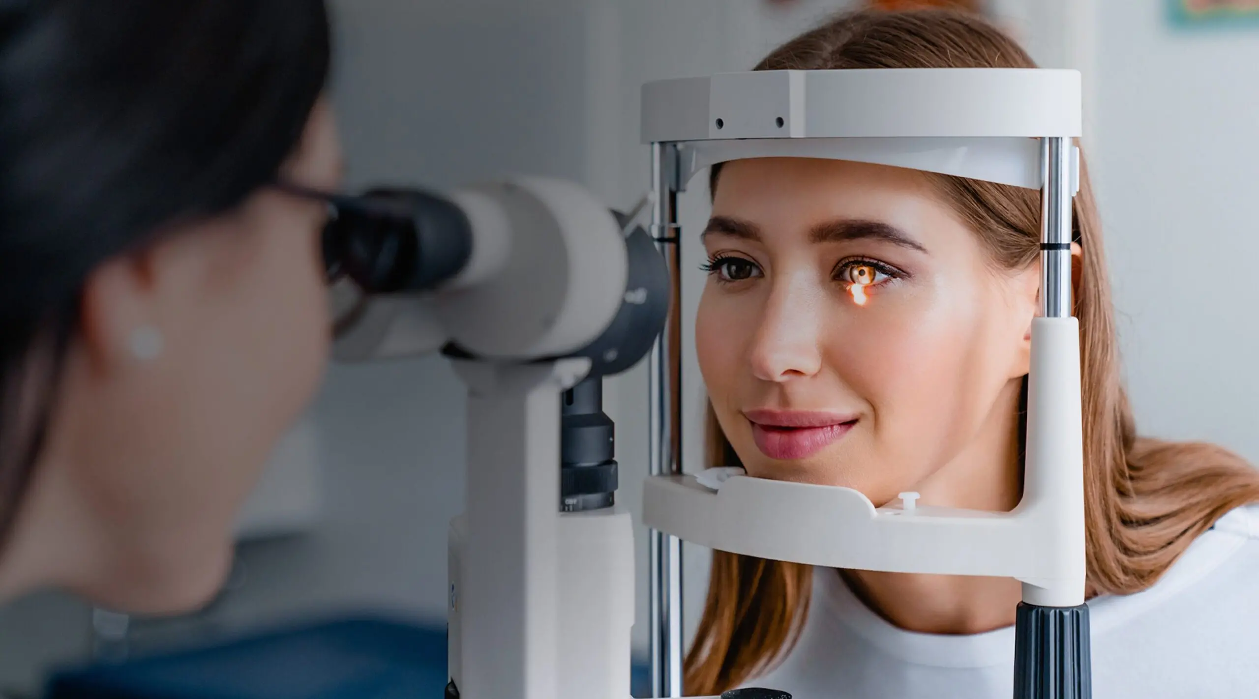 Leerink Partners Medical Technology Hero Image - Woman getting an eye exam with advanced vision technology